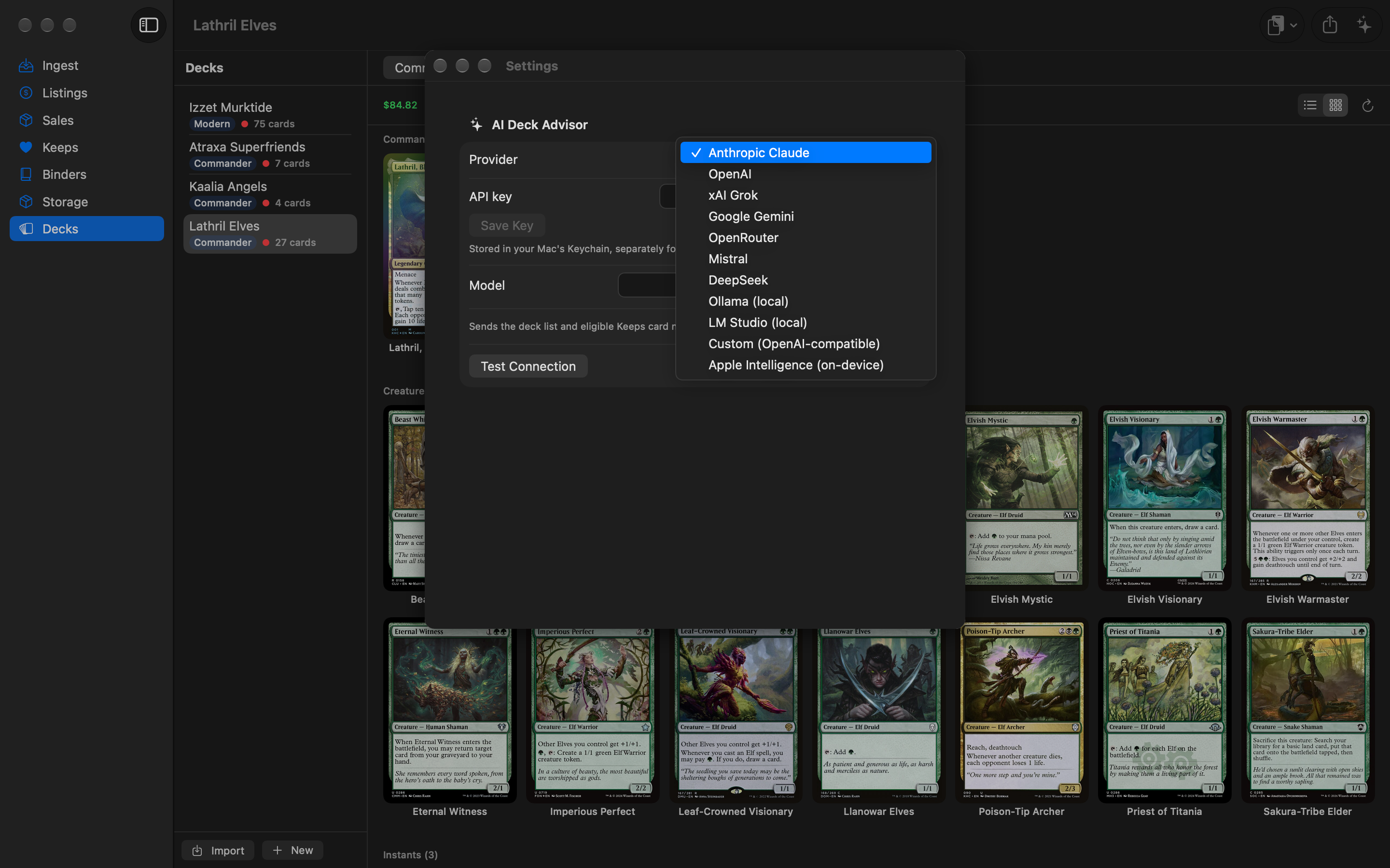 The AI Deck Advisor section of Settings: the Provider menu, an API key field with Save Key and Clear, the Model field with a Choose menu, a Test Connection button with a green success message, and the privacy note.