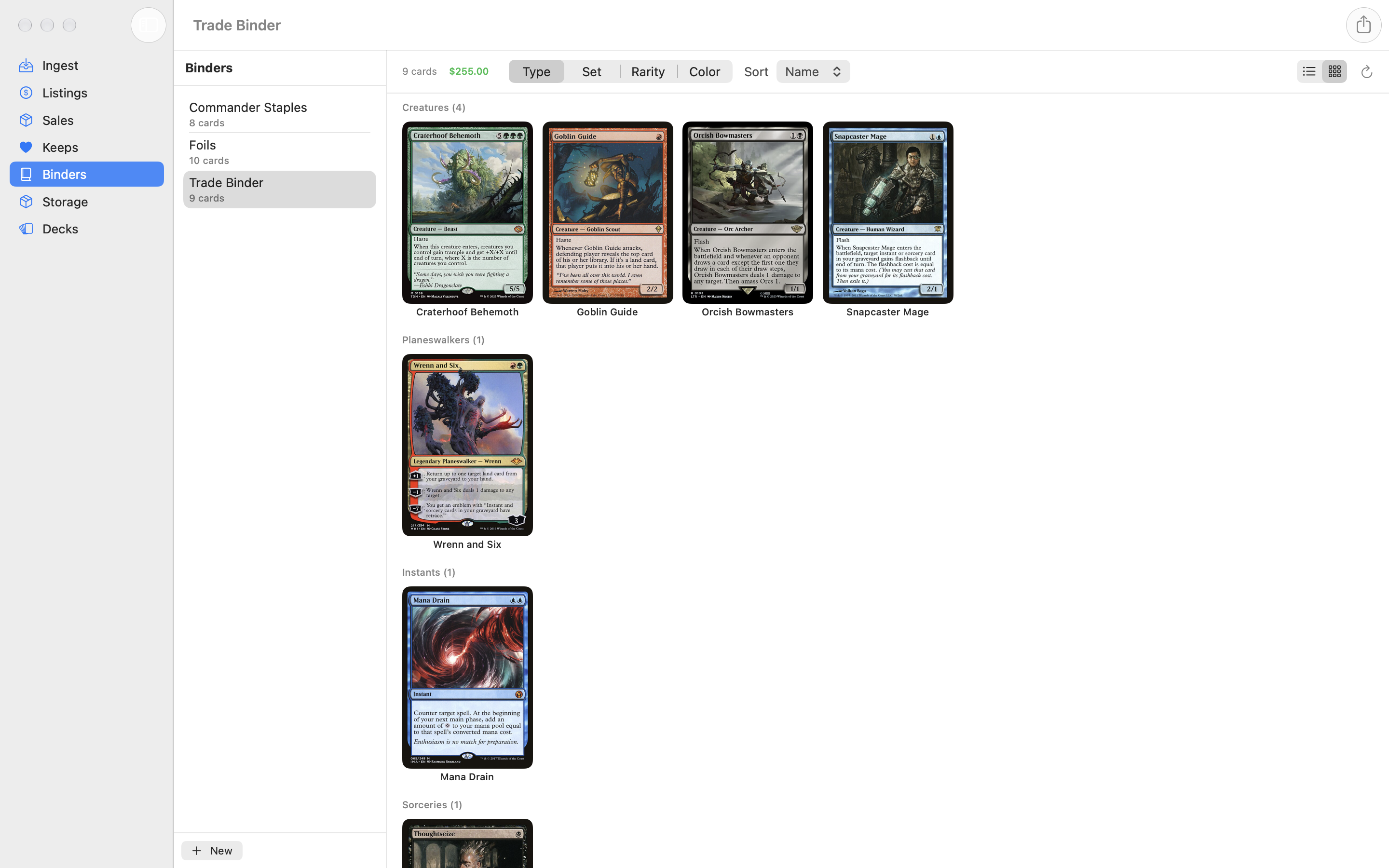 A binder open in the Binders section, showing the binder list on the left and the binder's cards as a grid on the right with card count and total value.