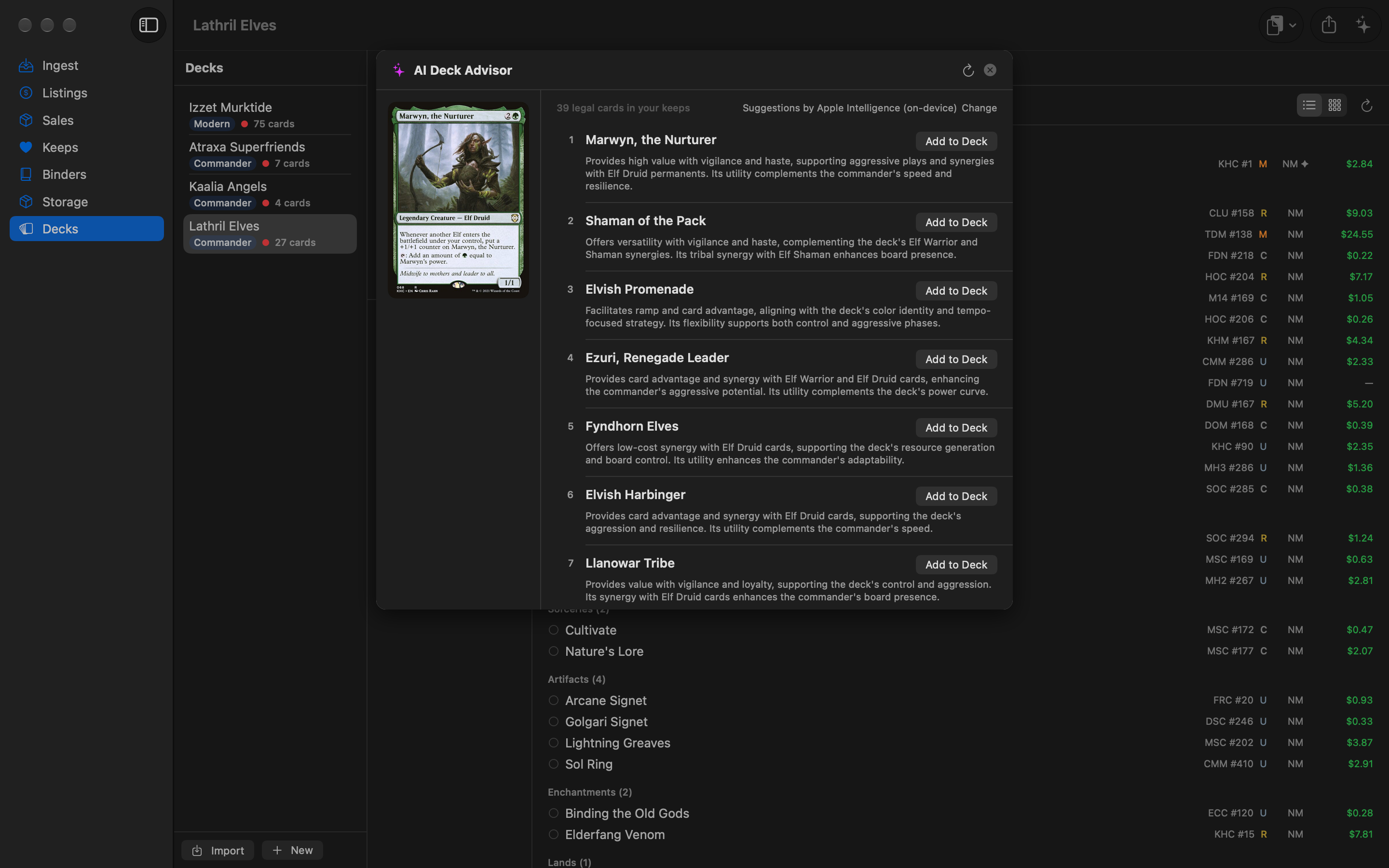 The AI Deck Advisor sheet: a ranked list of ten recommended cards from the user's Keeps, each with a one- or two-sentence reason and an Add to Deck button, and a card image preview.