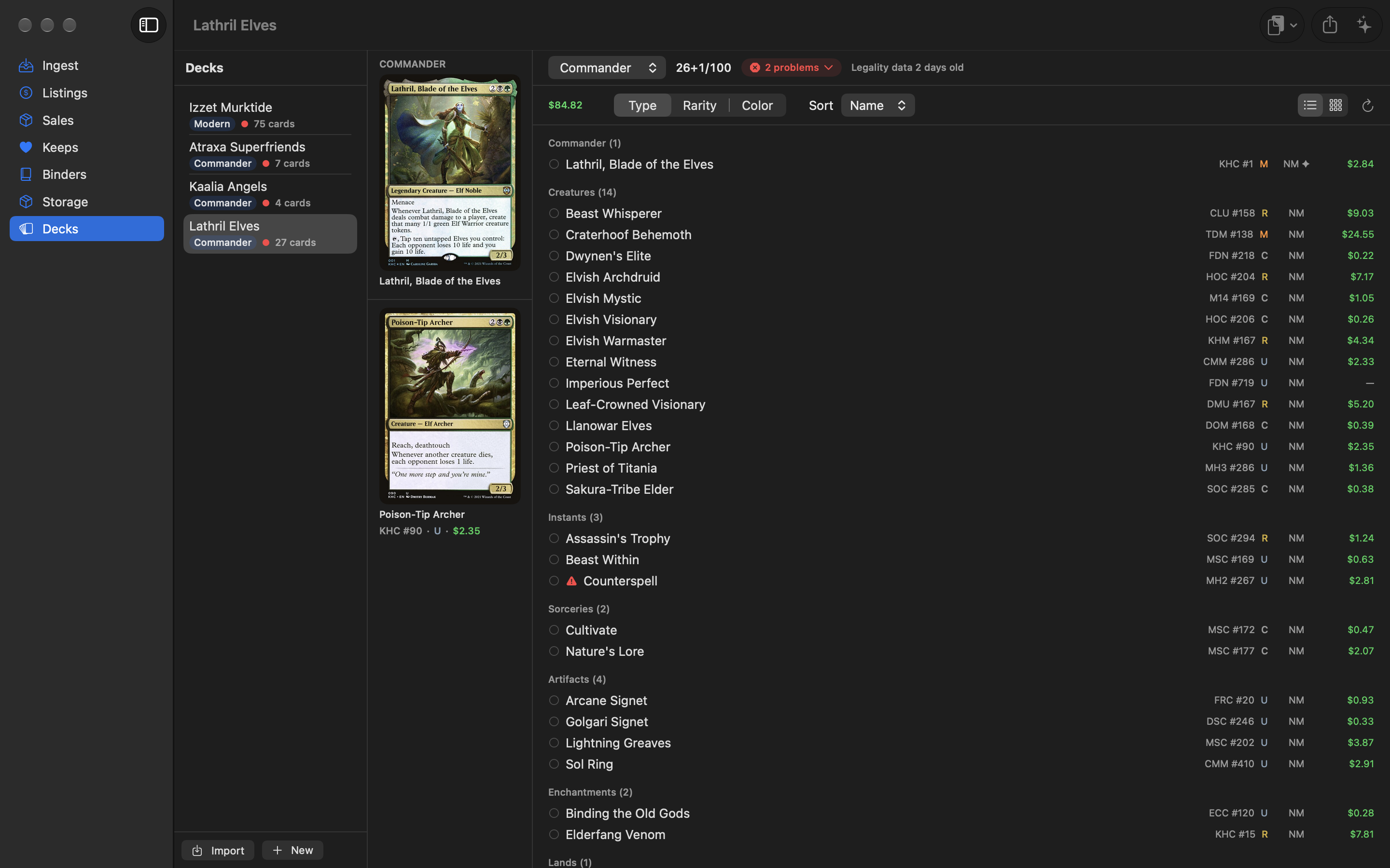 A Commander deck in list view: the commander's card image on the left, the decklist grouped by card type on the right with set, rarity, condition, and price columns, and the deck changelog at the bottom.