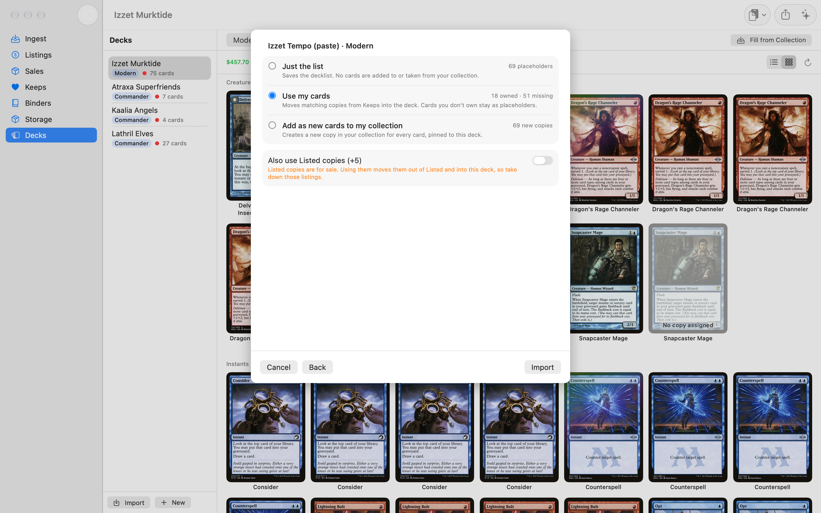 The deck import sheet: the deck name and format, and three options (Just the list, Use my cards, Add as new cards to my collection), with Use my cards selected showing how many cards are owned and missing.