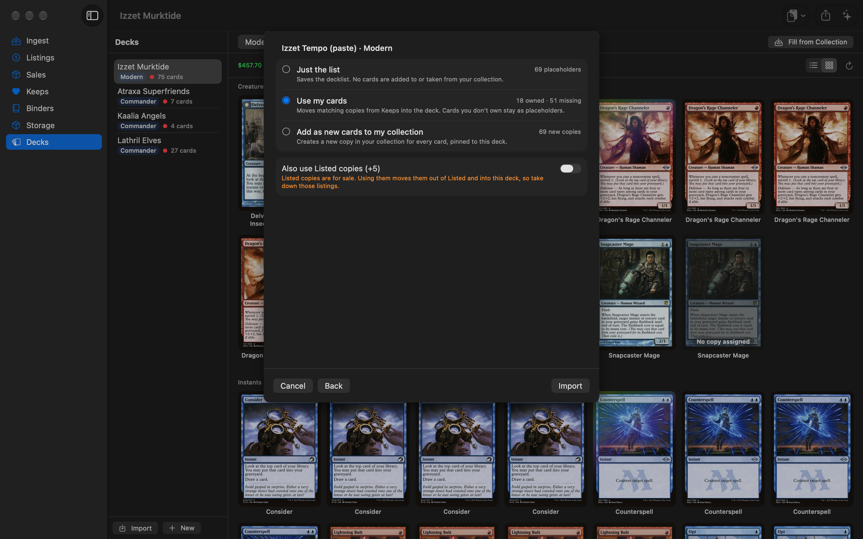 The deck import sheet: the deck name and format, and three options (Just the list, Use my cards, Add as new cards to my collection), with Use my cards selected showing how many cards are owned and missing.