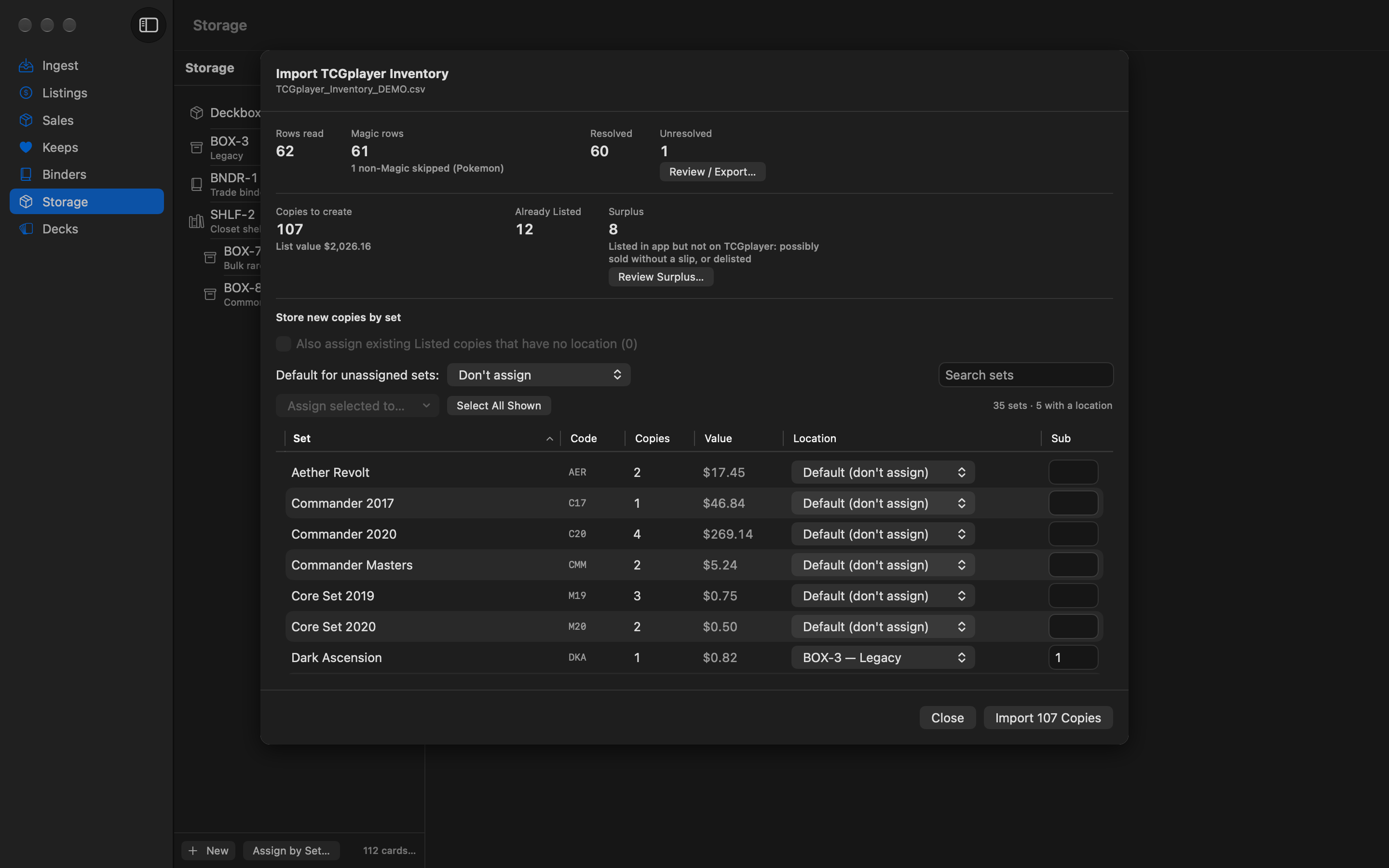 The Import TCGplayer Inventory sheet: counts of rows read, resolved, and unresolved; copies to create, copies already Listed, and surplus; and a per-set table assigning each set's new copies to a storage location.