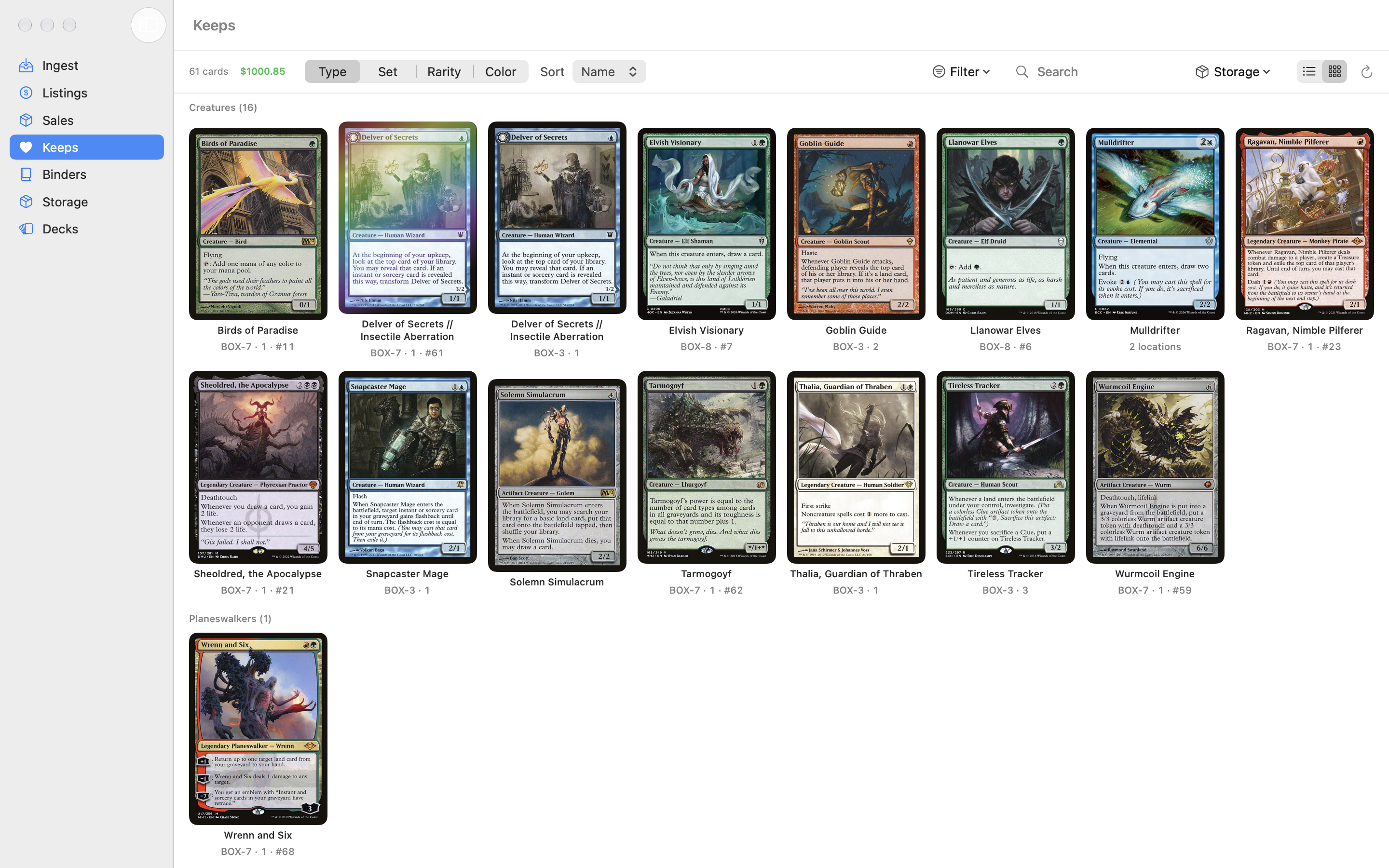 The Keeps section in grid view: card images grouped under Creatures, Instants, and other type headings, with copy counts on cards you own more than one of.