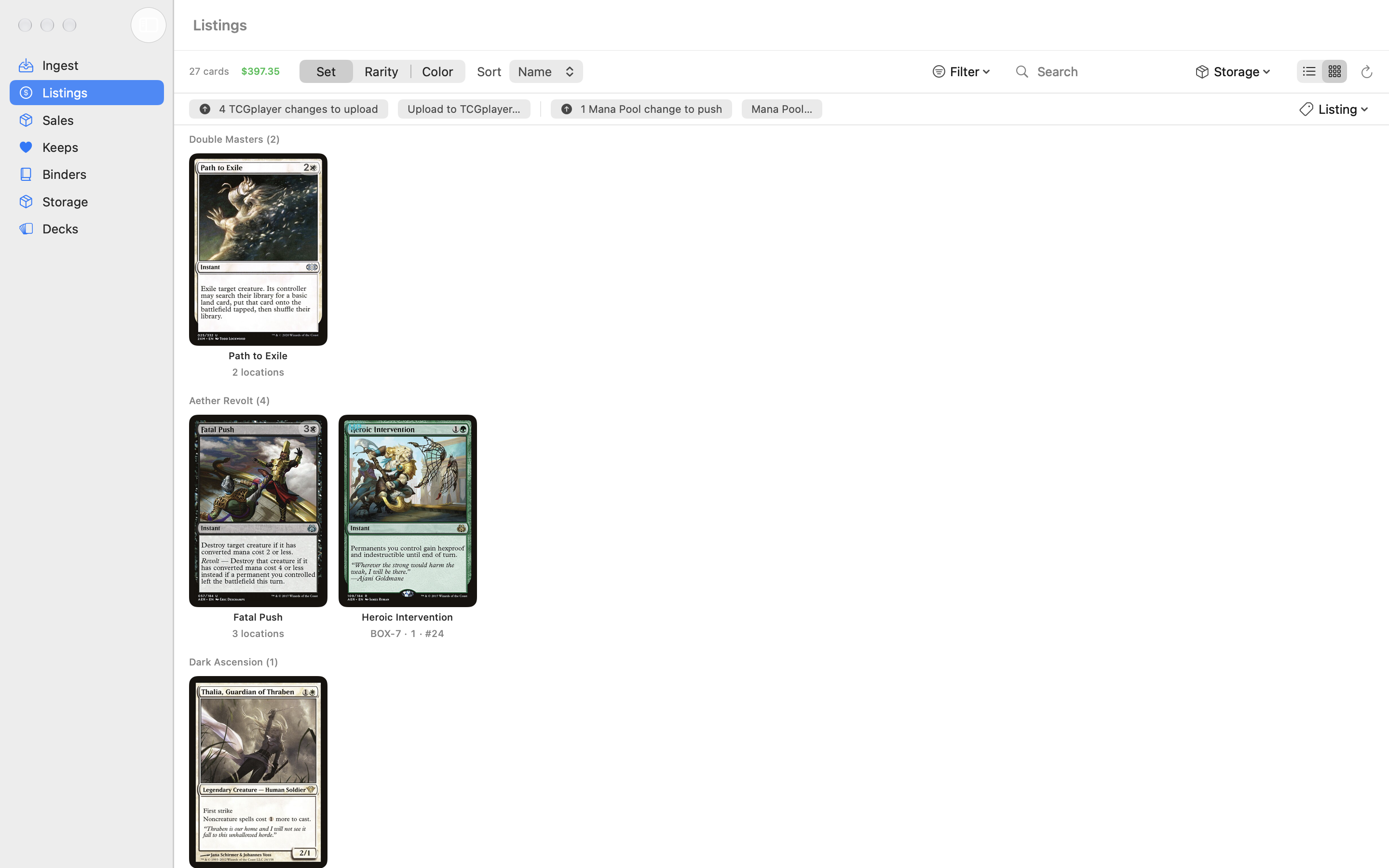 The Listings section showing cards in the Listed pile as a grid of card images grouped by set, with the total card count and live value in the toolbar.