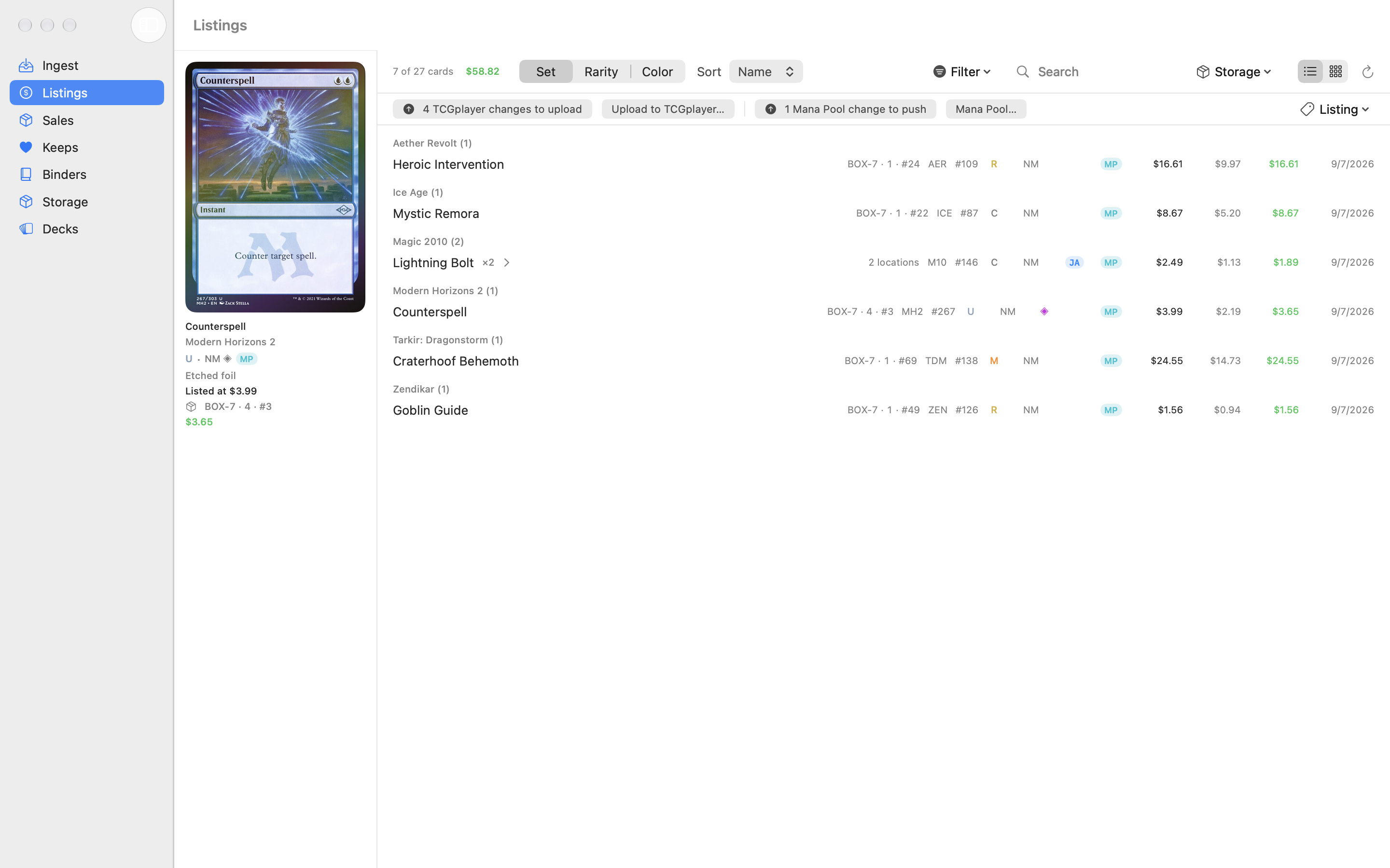 The Mana Pool Listings sheet over Listings: the push modes, a summary of rows and copies to send, the CSV format choice, and the Push to Mana Pool button. Listed copies show TCG and MP marketplace badges.