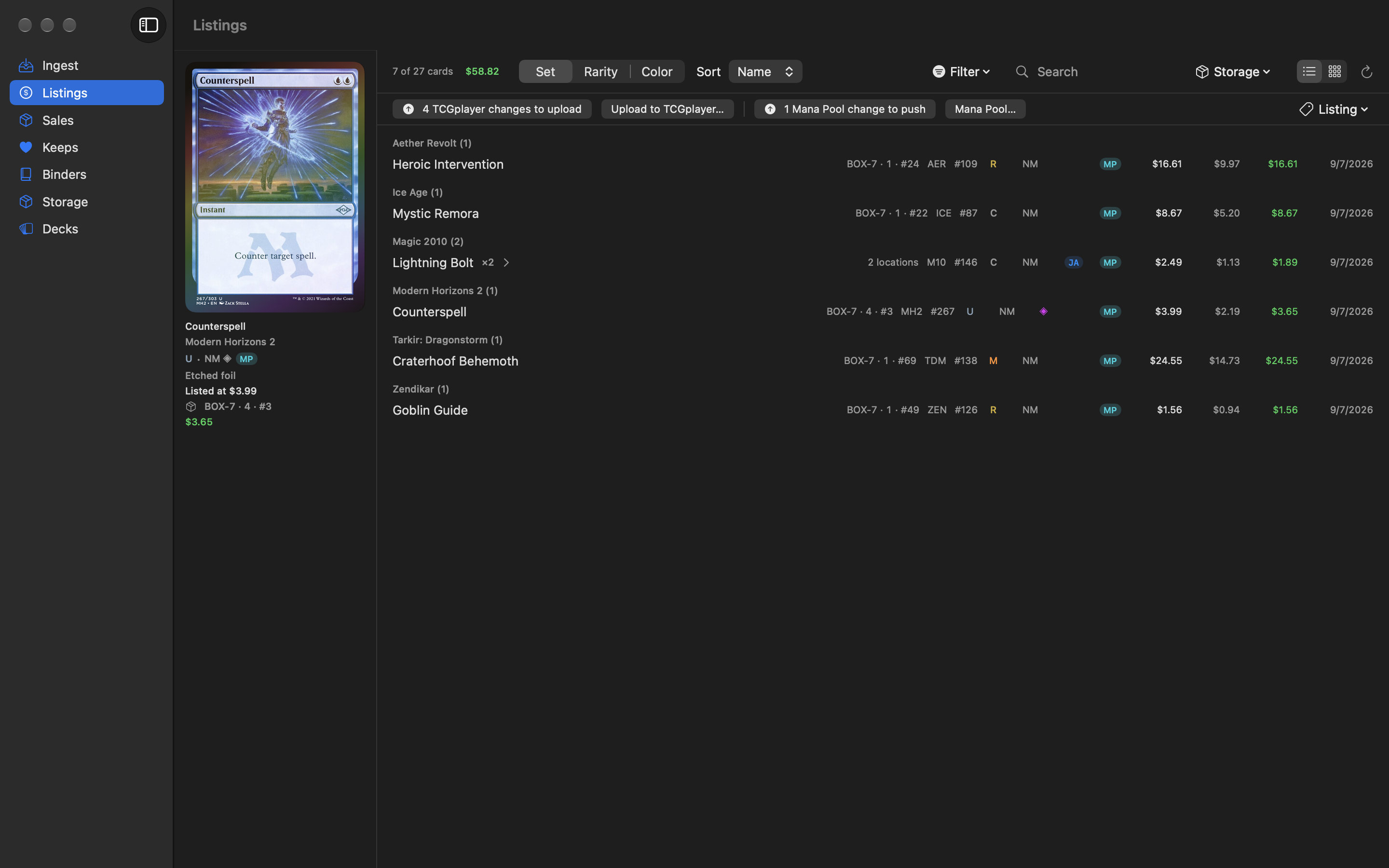 The Mana Pool Listings sheet over Listings: the push modes, a summary of rows and copies to send, the CSV format choice, and the Push to Mana Pool button. Listed copies show TCG and MP marketplace badges.