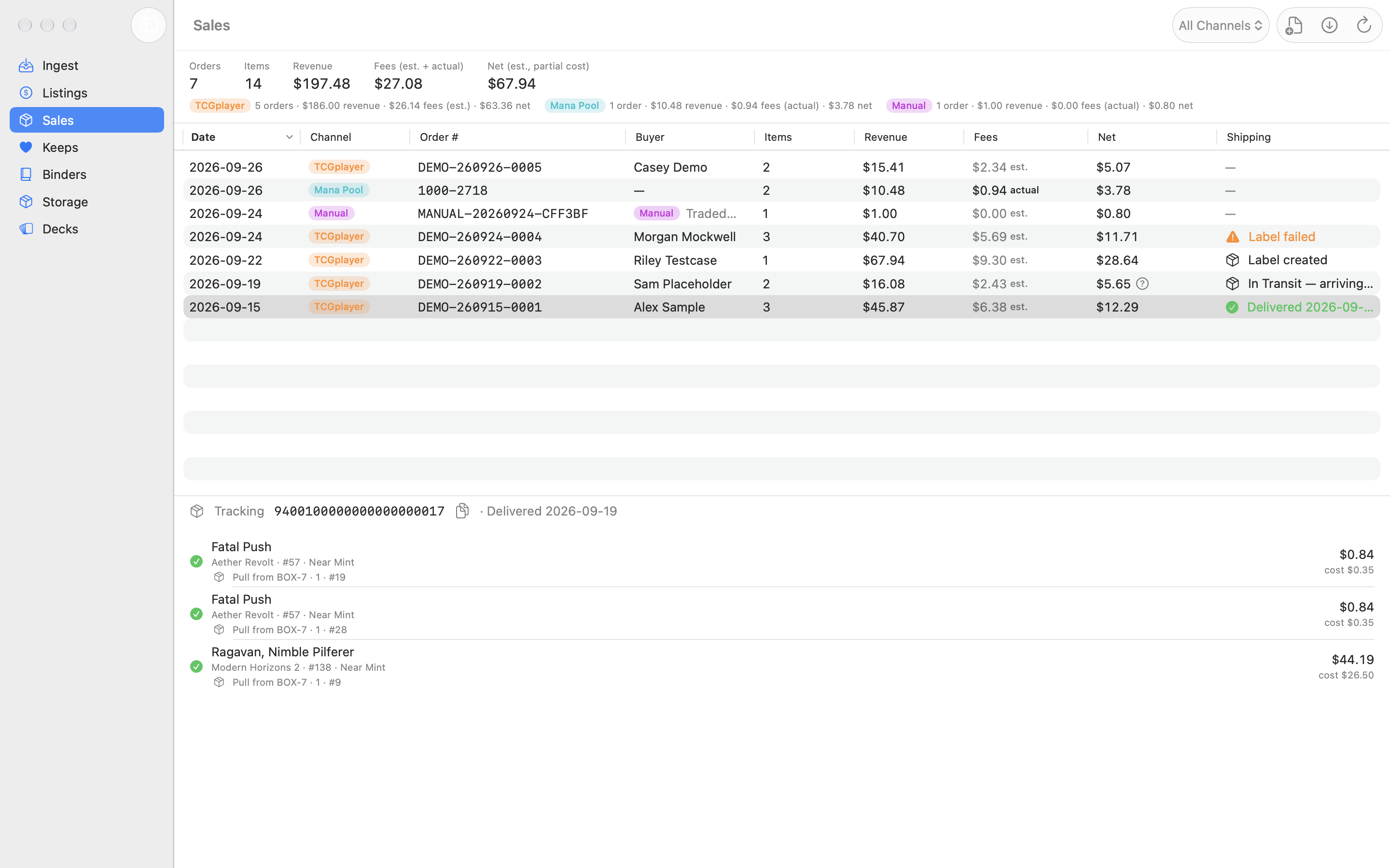 The Sales screen: a summary bar with orders, items, revenue, estimated fees, and estimated net; a table of recorded orders with a shipping column; and the selected order's cards with sale price, cost, and the storage slot each was pulled from.