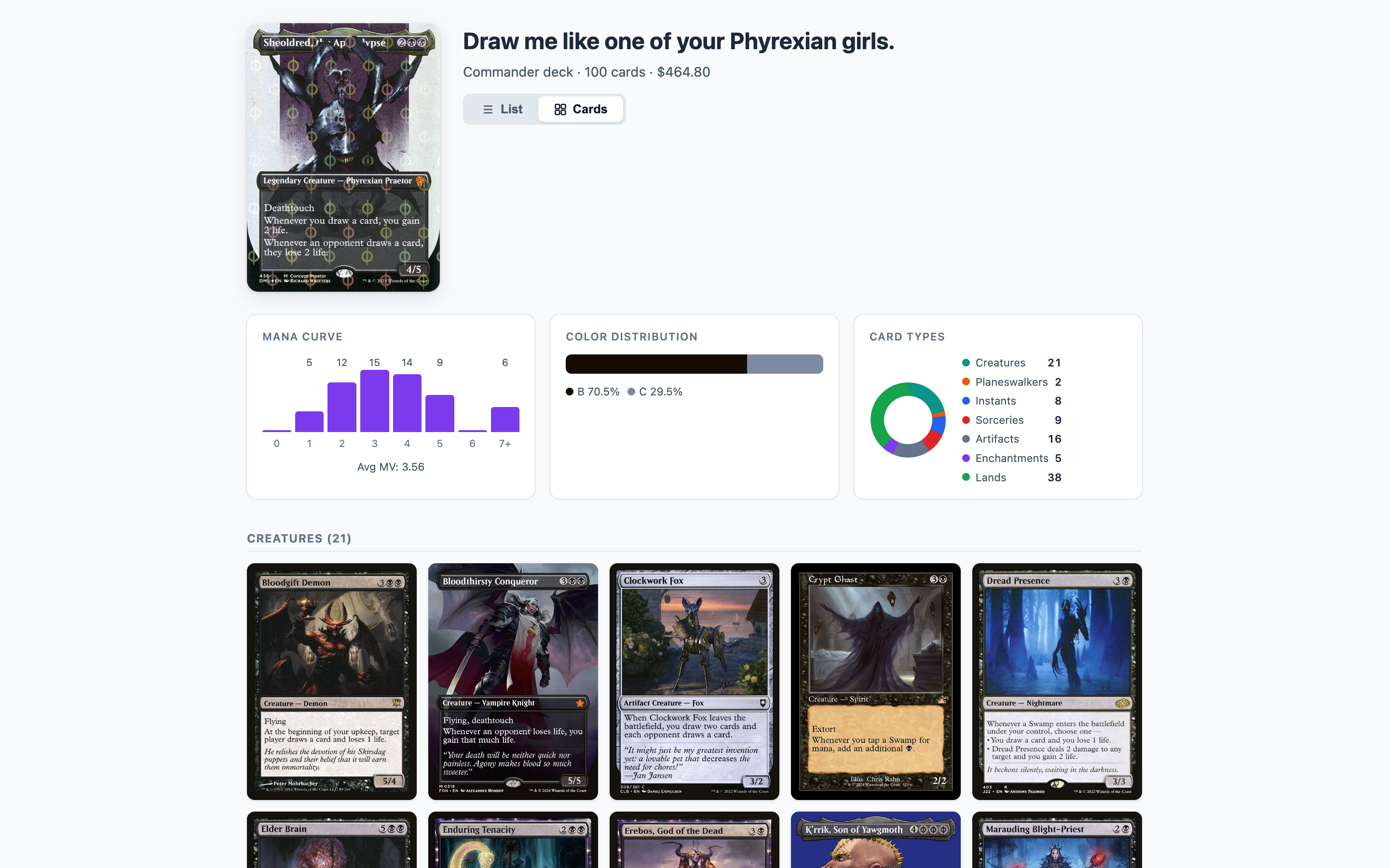 A shared deck page on magicalpiles.com in a web browser: commander image and deck name at the top, mana curve, color distribution, and card type charts, and the decklist shown as card images grouped by type.