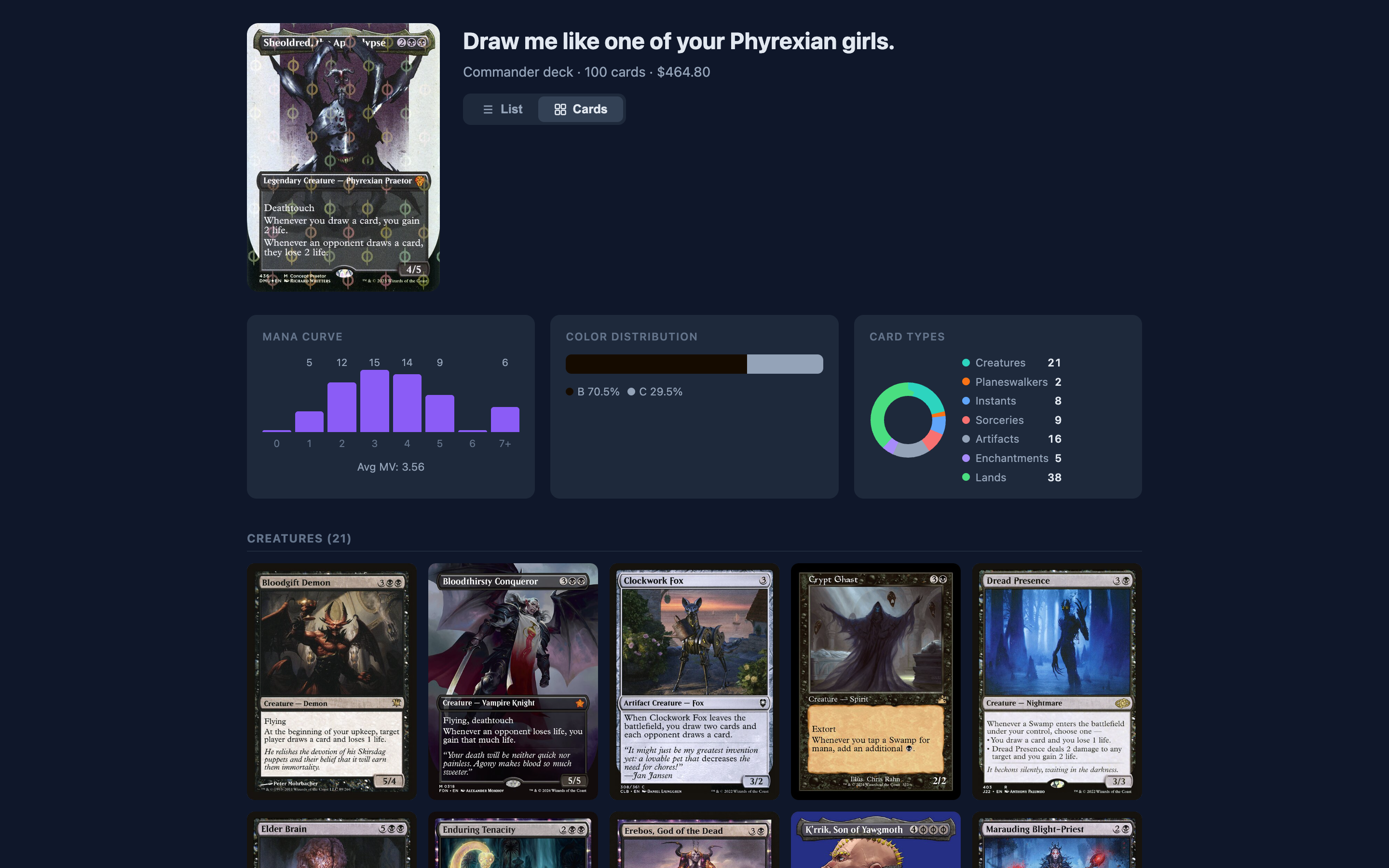 A shared deck page on magicalpiles.com in a web browser: commander image and deck name at the top, mana curve, color distribution, and card type charts, and the decklist shown as card images grouped by type.
